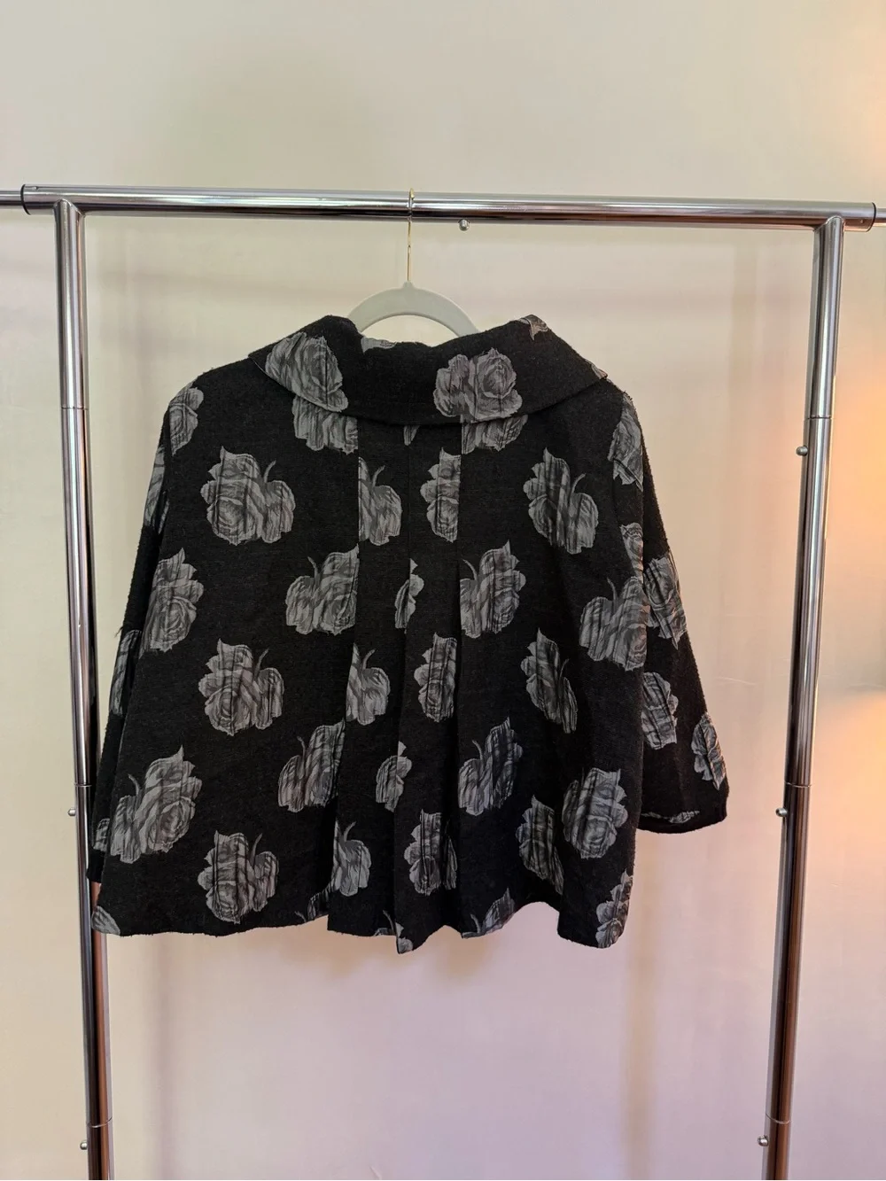 Girls' Black Floral Pea Coat with Peter Pan Collar